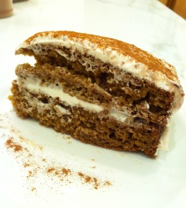 Slice of the Gluten-Free, Vegan Pumpkin Cake with Maple Cream Cheese Frosting